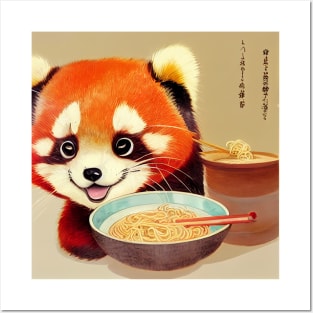 Kawaii Red Panda Eating Ramen Posters and Art